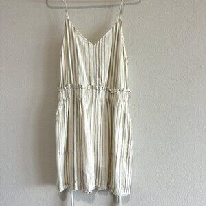 Splendid White & Gray Striped V Neck Spaghetti Strap Summer Linen Mini Dress
